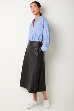 Aurelie A-Line Leather Skirt - Black — WYSE London Full Black Skirt Outfit, Leather Skirt Sneakers Outfits, A Line Leather Skirt Outfit, Leather A Line Skirt Outfit, Black A Line Skirt Outfit, Leather Skirt Outfit Casual, Leather Midi Skirt Outfit, Transeasonal Outfits, Faux Leather Skirt Outfit