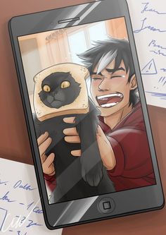 an image of a man holding a cat on his cell phone