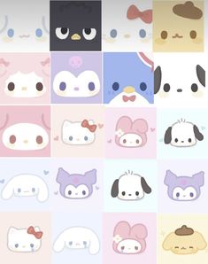 many different types of cartoon animals with faces