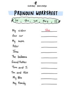 a printable worksheet for children's handwriting and writing practice, with the words pronoun worksheet