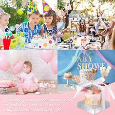 a collage of baby shower pictures with balloons, cake and other items in the background