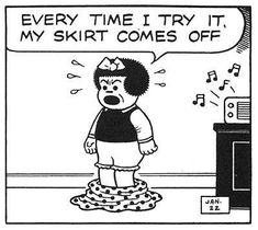 a comic strip with an image of a cartoon character saying every time i try it, my shirt comes off