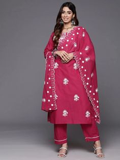 Magenta Cotton Floral Embroidered Suit Set with Dupatta Cotton Sets With Embroidered Border For Navratri, Cotton Sets With Floral Embroidery For Festivals, Festive Cotton Sets With Floral Embroidery, Diwali Cotton Churidar With Floral Embroidery, Cotton Pant Set With Dabka Work For Festivals, Bollywood Straight Kurta Set With Floral Embroidery, Cotton Sets With Dabka Work For Navratri, Cotton Palazzo Set With Floral Embroidery For Diwali, Unstitched Cotton Pant Set With Zari Work