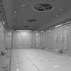 the interior of a sci - fi space station is shown in black and white colors