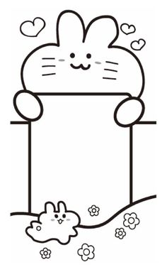 a black and white drawing of a bunny holding a box