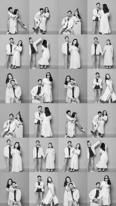 many different pictures of people posing together for a photo shoot with their arms around each other