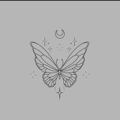 a black and white drawing of a butterfly with stars on it's wings, flying in the sky