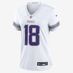 Rep one of your team's top stars with this Minnesota Vikings Jersey. Proper ventilation and a form fit help provide a dry, comfortable wear with the authentic look of the on-field uniform. White Breathable Jersey For Team Spirit, Breathable White Jersey For Team Spirit, White Jersey With Team Logo In Team Spirit Style, White Collegiate Jersey For Team Events, White Collegiate Style Jersey For Team Events, White Jersey With Team Name For Sports, White Sporty Jersey With Team Name, Sporty White Jersey With Team Name, White Sports Jersey With Team Logo