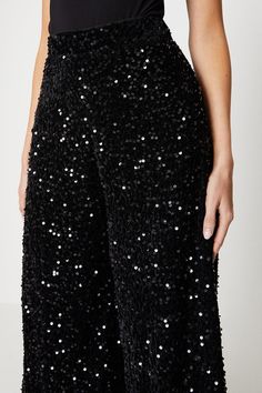 Velvet Sequin Wide Leg Trouser Luxury Festive Trousers, Luxury Black Sequined Bottoms, Evening Trousers, Luxe Fabrics, Occasion Dresses Wedding Guest, Black Wide Leg Trousers, Petite Jumpsuit, Tall Dresses, Petite Coat