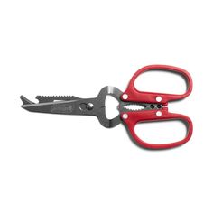 a pair of red handled scissors on a white background