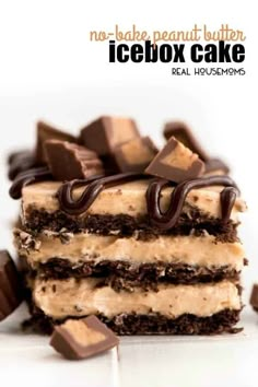 no - bake peanut butter icebox cake with chocolate frosting and oreo pieces