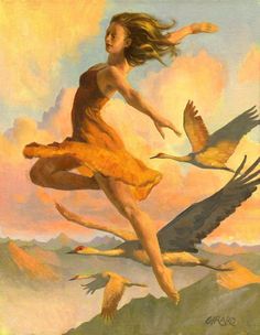 a painting of a woman flying through the air with two birds in front of her