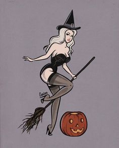 a drawing of a woman dressed as a witch flying next to a jack - o'- lantern