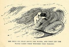 an old book page with a drawing of a mermaid and a man in the water