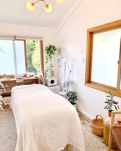 a white bed in a room with windows and plants on the wall next to it