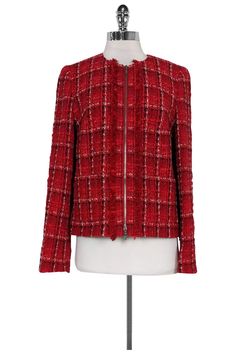 Current Boutique-Basler - Red Plaid Tweed Jacket Sz 8 Formal Red Tweed Jacket, Elegant Red Tweed Jacket For Winter, Elegant Red Tweed Outerwear, Red Fitted Tweed Blazer, Fitted Red Tweed Blazer, Chic Red Tweed Jacket, Red Tweed Jacket For Spring, Red Tweed Jacket For Fall Formal Events, Red Tweed Jacket For Formal Fall Occasions