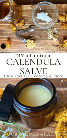 This DIY all-natural Calendula Salve Recipe is the perfect solution for diaper rash, scrapes, cuts and other skin ailments. This salve contains organic gentle and healing ingredients that are safe for babies sensitive skin. Calendula Balm, Healing Salve Recipe, Calendula Salve, Calendula Cream, Calendula Benefits, Salve Recipes, Herbs Garden, Herbal Salves, Healing Remedies