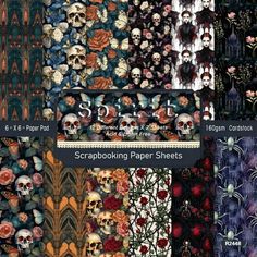 a collection of scrapbooking paper sheets with skulls and flowers on them, all in different colors