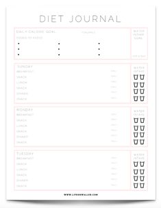 the printable diet journal is filled with food and drinks