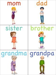 a set of four pictures with the words'mom, dad, sister, grandma and grandpa