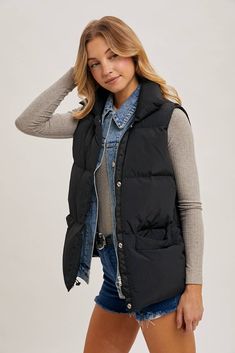 This Denim Layer Puffer Vest in black/denim offers a warm and stylish look. The fabric is soft and breathable, with a cozy lining made of 100% polyester. Enjoy a relaxed fit with a high collar and button-up front, secured by a zip closure. Look great and stay warm this winter! Black/Denim Trendy Washed Black Everyday Outerwear, Trendy Washed Black Outerwear For Everyday, Utility Style Winter Outerwear For Everyday, Winter Utility Outerwear For Everyday, Black Cotton Puffer Outerwear, Versatile Cotton Winter Outerwear, Versatile Cotton Outerwear For Winter, Casual Nylon Outerwear For Cold Weather, Everyday Winter Nylon Outerwear