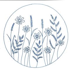 a blue and white drawing of flowers in a circle