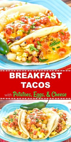 breakfast tacos with potatoes, eggs and cheese on a blue plate next to a green pepper