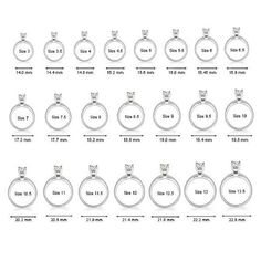 various sizes and shapes of rings with measurements for each diamond ring, including the size