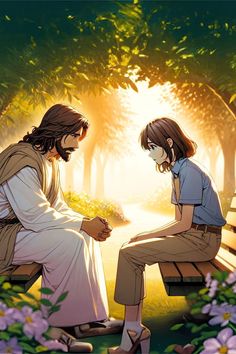 two people sitting on a park bench in the woods, one is holding a flower