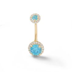 Add a touch of color to her girly and flirty getup with this glittering belly button ring. Fashioned in 014-gauge 10K gold, this look dazzles with a pair of bright blue cubic zirconia - one a 6mm center stone, the other slightly smaller and shimmering at the closure. A frame of petite white cubic zirconia encircles each azure stone. Buffed to a brilliant luster, this belly button ring is great summertime style. Gold Belly Button Piercing, Belly Button Jewelry Colorful, Cheap Elegant Gold Belly Rings, Elegant 14k Yellow Gold Belly Rings, Turquoise Belly Button Ring, Belly Button Rings Tummytoys® At The Belly Ring Shop, Belly Piercing Jewelry, Belly Bars, Belly Piercing