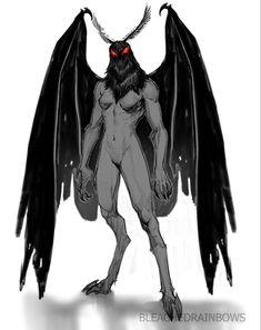 a demon with red eyes and black wings