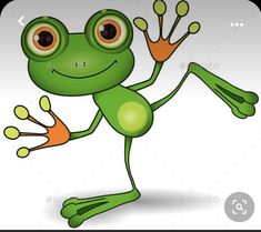 a green frog with big eyes and orange legs is dancing on the white background - animals characters