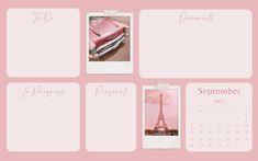 a pink calendar with pictures of the eiffel tower