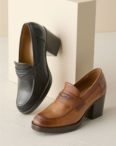 This menswear-inspired loafer gets a feminine lift from its fabulously heeled silhouette. Handcrafted in burnished leather with cushioning for comfort, plus raised heritage stitching on the toe, saddle, and back for extra style.  By Frye. Slip-on style. Cushioned footbed. Stacked leather block heel. Leather sole and man-made heel cap. Elegant Platform Loafers With Stacked Heel And Round Toe, Classic High Heel Platform Loafers For Office, Elegant Platform Loafers With Stacked Heel, Elegant High Heel Platform Loafers For Fall, Classic Platform Loafers With Leather Sole For Fall, Chic Fall Platform Loafers With Brogue Detailing, Classic High Heel Loafers For Business Casual, Elegant Platform Loafers With Block Heel And Leather Sole, Classic Platform Loafers For Office In Fall