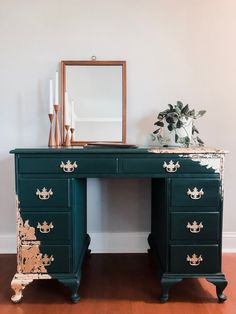 a dark green and gold desk with the words dark green and gold desk above it