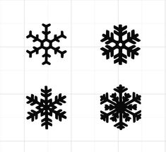 four snowflakes are shown in black and white, each with different designs on them