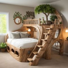 a bedroom with a tree house bed and stairs