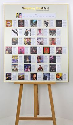 a white board with pictures on it and wooden easel in front of the board