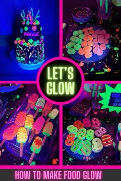 a collage of photos with neon lights and food