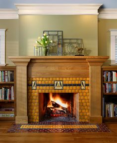 a fire place in a living room filled with books