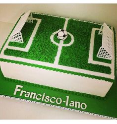 a cake that is shaped like a soccer field with the name francisco - lano on it