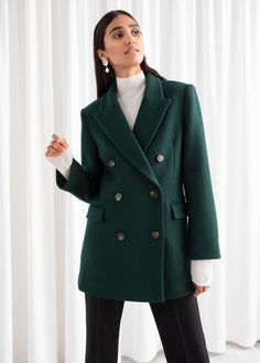 & Other Stories Double Breasted Wool Blend Jacket $179 Green Suit Women, Green Blazer Outfit, Fashion 2023 Fall, 2023 Fall Fashion, Fall 2023 Fashion Trends, Dark Green Jacket, Fall Fashion 2023, Fall 2023 Fashion, Winter Basics