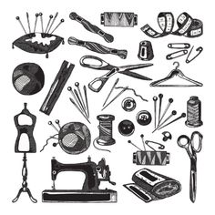 an assortment of sewing tools and accessories