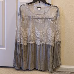 Venus, Size Xl, Women's Blouse, White Lace For The Top Half And Grey Jersey Material For Bottom Half. Elastics End Of Sleeves. Lace Tops For Day Out In Fall, Lace Tops For Fall Day Out, Lace Top For Day Out In Fall, Casual Lace Blouse For Layering, Fall Lace Tops For Brunch, Lace Tops For Fall Brunch, Long Sleeve Lace Tops For Day Out, Flowy Long Sleeve Top With Lace Trim, White Net Top