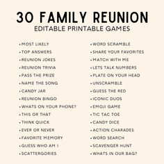 the 30 family reunion printable game is shown in black and white, with text that reads