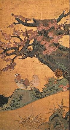 Detail of Plum fusuma by Kano Sanraku in Daikaku-ji Temple, Kyoto, Japan. Japanese Sliding Doors, Japanese Temples, Chinese Screen, Japanese Paintings, Woodblock Printing, Scroll Painting, Japanese Temple, Japanese Wall Art