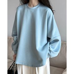 Spring Drop Sleeve Blue Pullover Sweatshirt - SweatshirtsHoodies.com Big Size Fashion, Plain Sweatshirt, Drop Sleeve, Spring Air, Blue Pullover, Sleeve Women, Sweater Sleeves, Casual Sweatshirt, Casual Fits