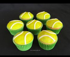 six yellow cupcakes with white tennis balls on them