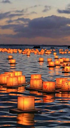 many lit candles floating in the water at dusk