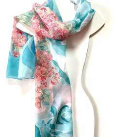 "Silk scarf ''Spring bloom\", hand painted, floral silk scarf with apple tree blossoms, silk scarf with pink blooms on a background of various shades of blue. Beautiful blossom in spring. Silk scarf \"Spring bloom\" hand painted floral silk scarf on ponge silk for SilkStory scarves collection. Great composition of flower blossoms. Light lines in the background create a shimmer and give the scarf a feeling of spring . This scarf is painted on fine 100% pure silk (ponge), and is hand hemmed with s Artistic Blue Silk Scarf For Spring, Artistic Floral Print Scarves For Spring, Spring Blue Floral Print Silk Scarf, Apple Tree Blossoms, Hand Painted Scarves, Painted Scarf, Handmade Envelopes, Floral Silk Scarf, Silk Scarf Painting